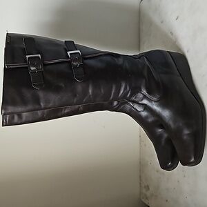 MEPHISTO: chocolate brown leather square toe buckle knee boots